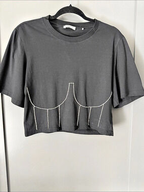 Sandro Cropped cotton T-shirt with rhinestone bustier design Short Sleeve Top in